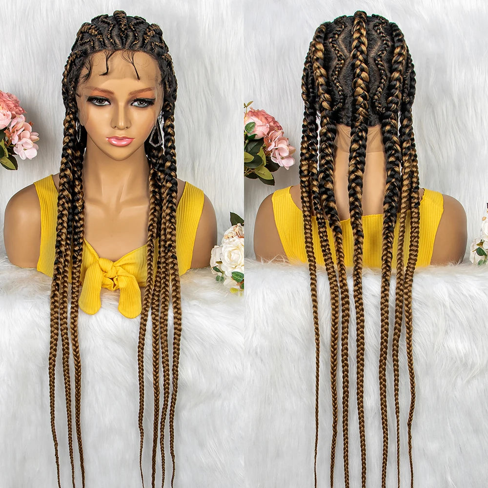 36" KIMA Cornrow Knotless Box Braided Full Lace Wig | Synthetic Braids for Black Women | Light Brown Lace Luxegan