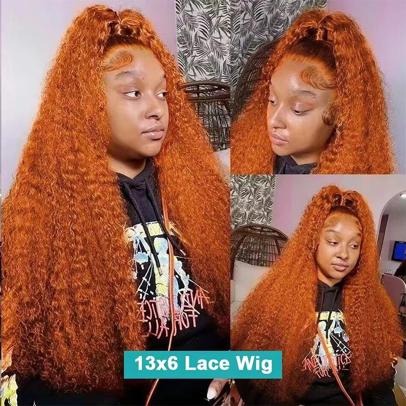 Ginger Orange Water Wave 13x6/13x4 Lace Frontal Wig - Brazilian Remy Hair - Pre Plucked - Deep Curly - 26"+ Long