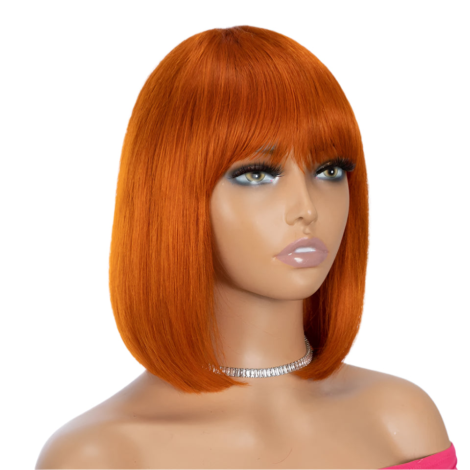 180D Orange/Ginger & Blonde Straight Human Hair Bob Wig with Bangs | Full Machine Made Remy for Women (P4/30, 613, 99J, T1B/27) Luxegan