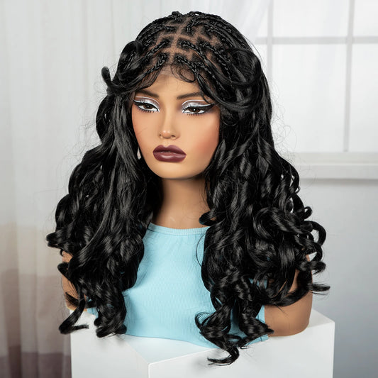18" Bouncy Wavy Knotless Box Braids Wig with Bangs | Full Lace Luxegan