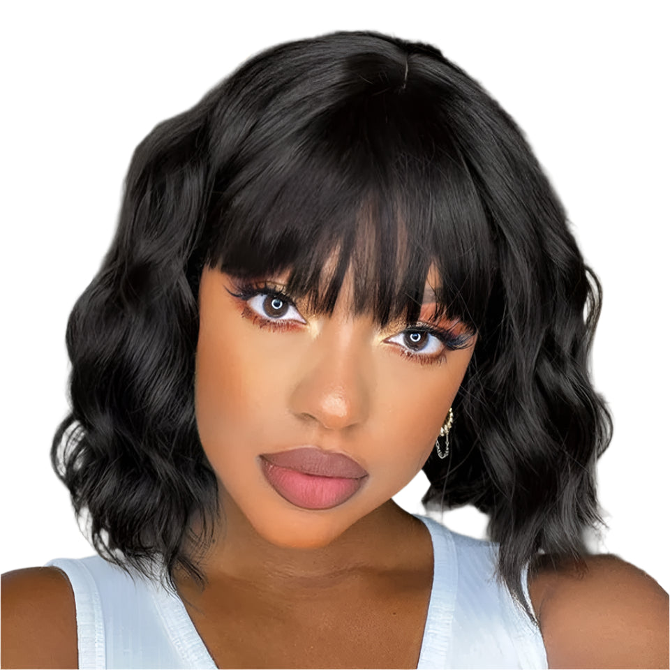 Rebecca Short Wavy & Curly Bob Wig | Human Hair with Bangs & Water Wave Texture Luxegan
