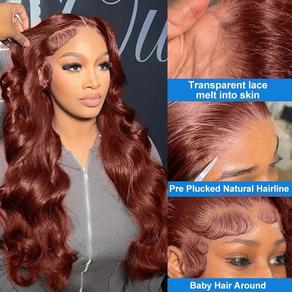 Body Wave Lace Front Wig | Reddish Brown 13x6 HD Lace Wig | 200 Density Brazilian Remy Hair | Pre-Plucked