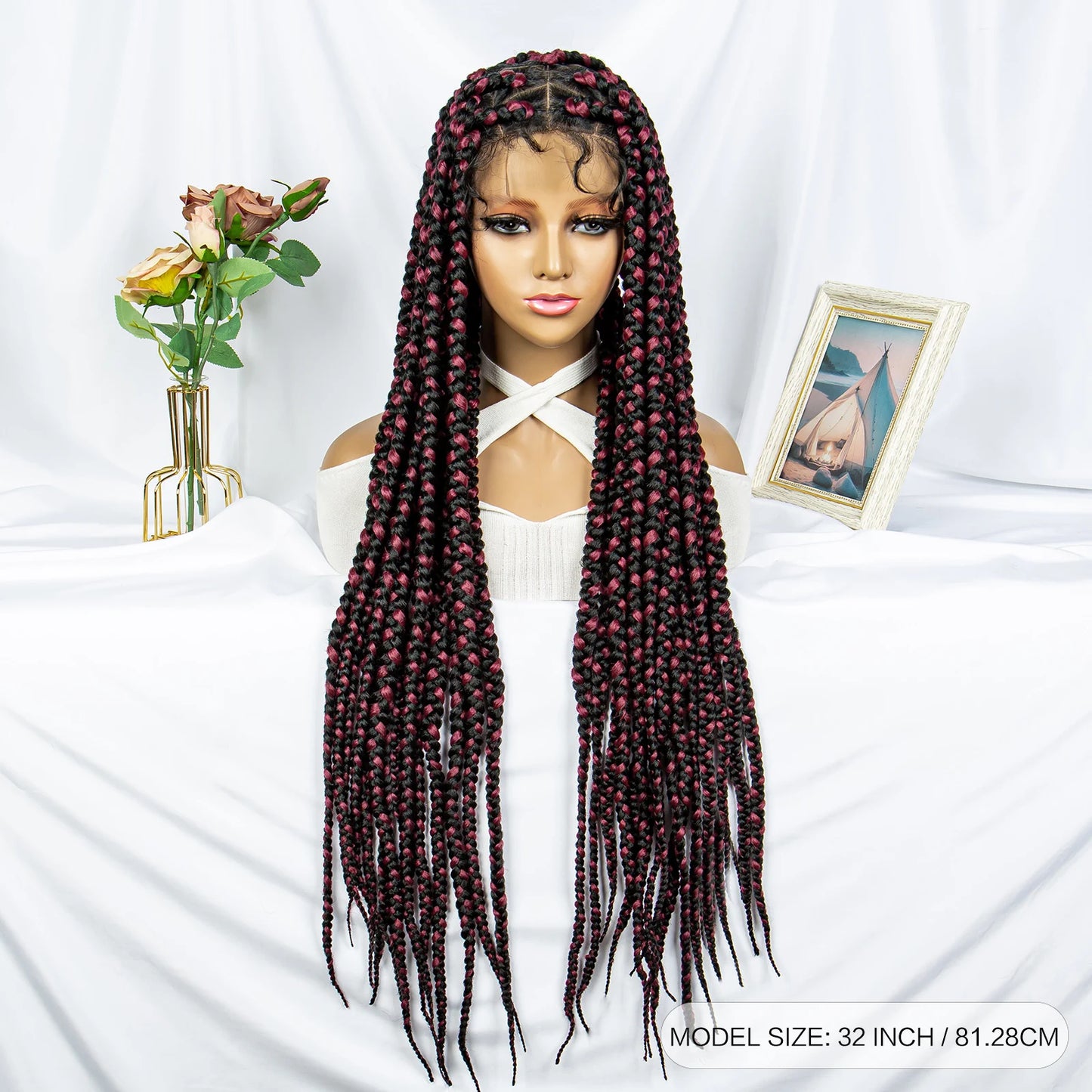 32" Triangle Knotless Box Braids Wig | KIMA Full Lace Front Braided Wig | Transparent Lace | Synthetic Braids