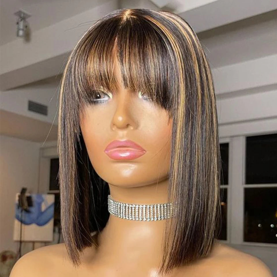 Ombre #4/27 Straight Bob Wig with Bangs | Human Hair Lace Top & Realistic Scalp Luxegan