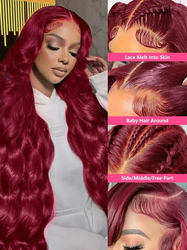 Burgundy 99J Red Body Wave Lace Front Wig | 30 Inch 200% Density Brazilian Remy HD Transparent Lace Frontal for Women Luxegan