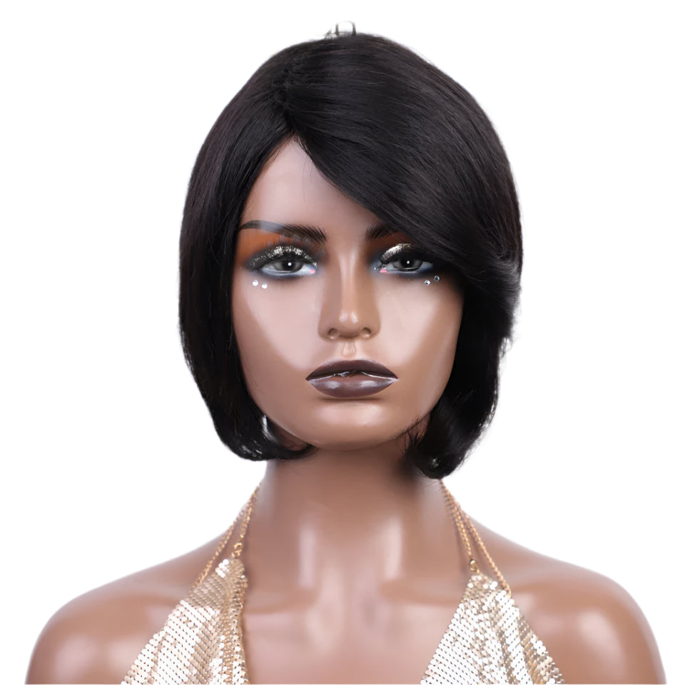 Pixie Cut Bob Wig | Straight Human Hair with Long Side Part Bangs Luxegan