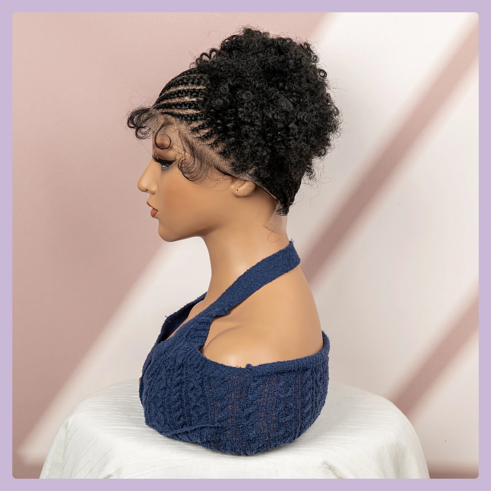 6" Short Afro Curly Wig | Twin Buns | 360 Lace | Cornrows | For Black Women