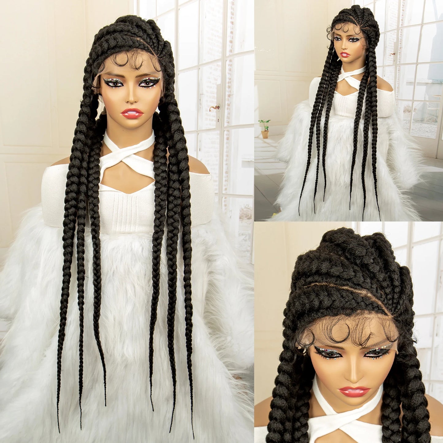 36" Extra Long Box Braided Full Lace Wig | Synthetic Braiding Wig | For Black Women | Lace Frontal Braids