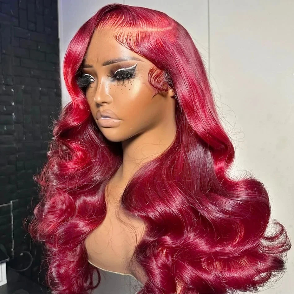 Burgundy 99J Red Body Wave Lace Front Wig | 30 Inch 200% Density Brazilian Remy HD Transparent Lace Frontal for Women Luxegan
