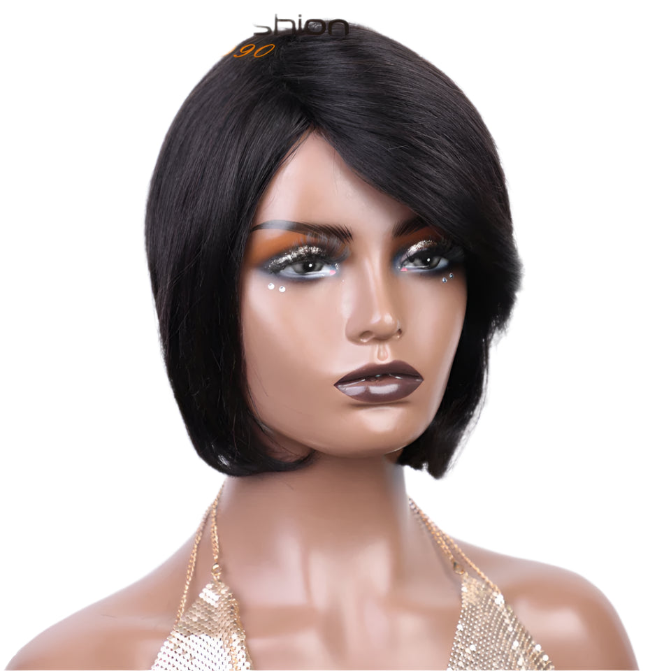 Pixie Cut Bob Wig | Straight Human Hair with Long Side Part Bangs Luxegan