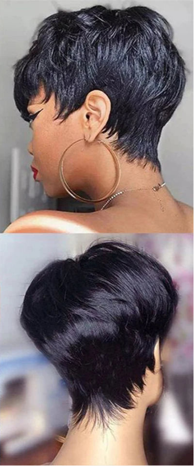 Burgundy Red & Brown Pixie Short Cut Bob Wig with Bangs | Straight Human Hair Machine Made Luxegan