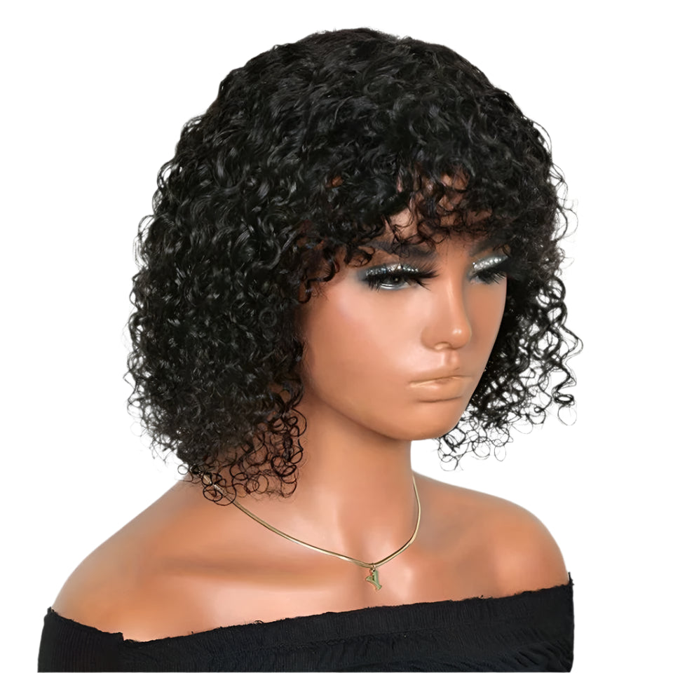 Highlight Honey Blonde Jerry Curly Pixie Bob Wig with Bangs | Full Machine Made Human Hair Luxegan