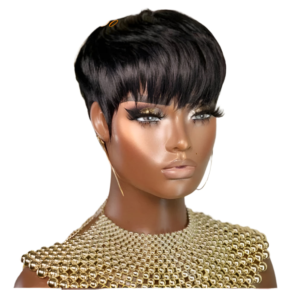 Burgundy Red & Brown Pixie Short Cut Bob Wig with Bangs | Straight Human Hair Machine Made Luxegan