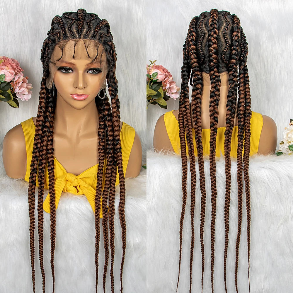 36" KIMA Cornrow Knotless Box Braided Full Lace Wig | Synthetic Braids for Black Women | Light Brown Lace Luxegan