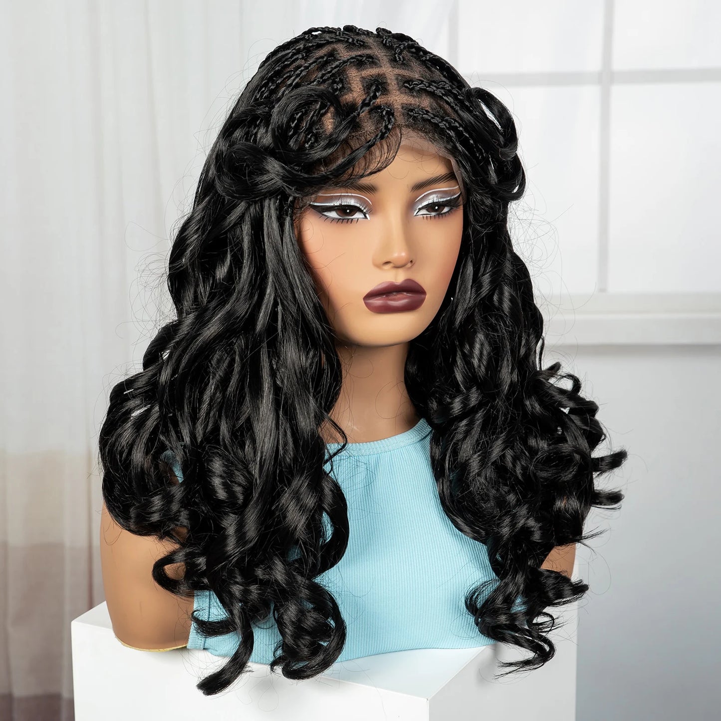 18" Bouncy Wavy Knotless Braids Wig | Full Lace | Bangs | Baby Hair Luxegan