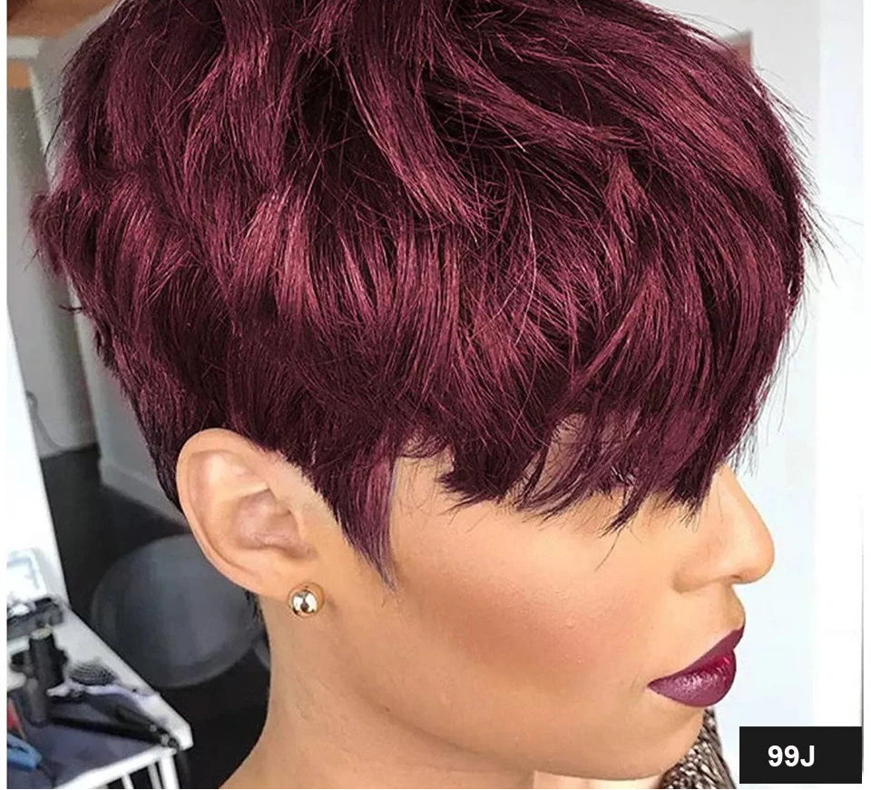 Burgundy Red & Brown Pixie Short Cut Bob Wig with Bangs | Straight Human Hair Machine Made Luxegan
