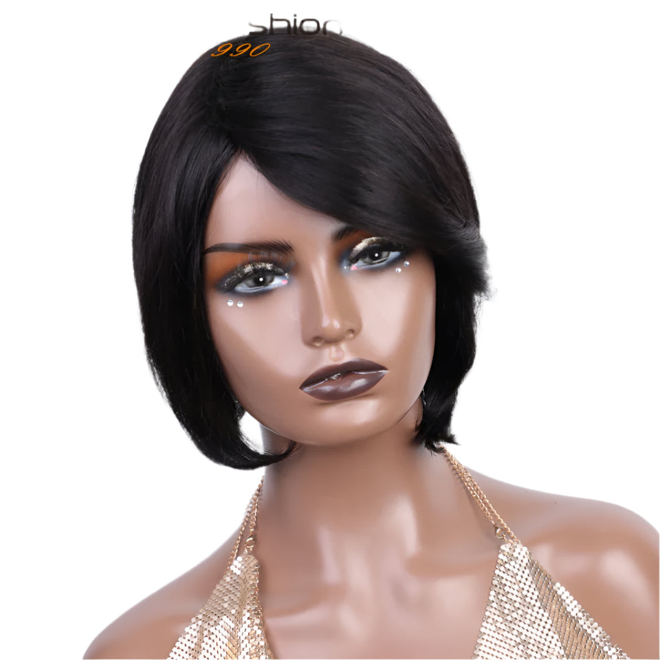 Pixie Cut Bob Wig | Straight Human Hair with Long Side Part Bangs Luxegan