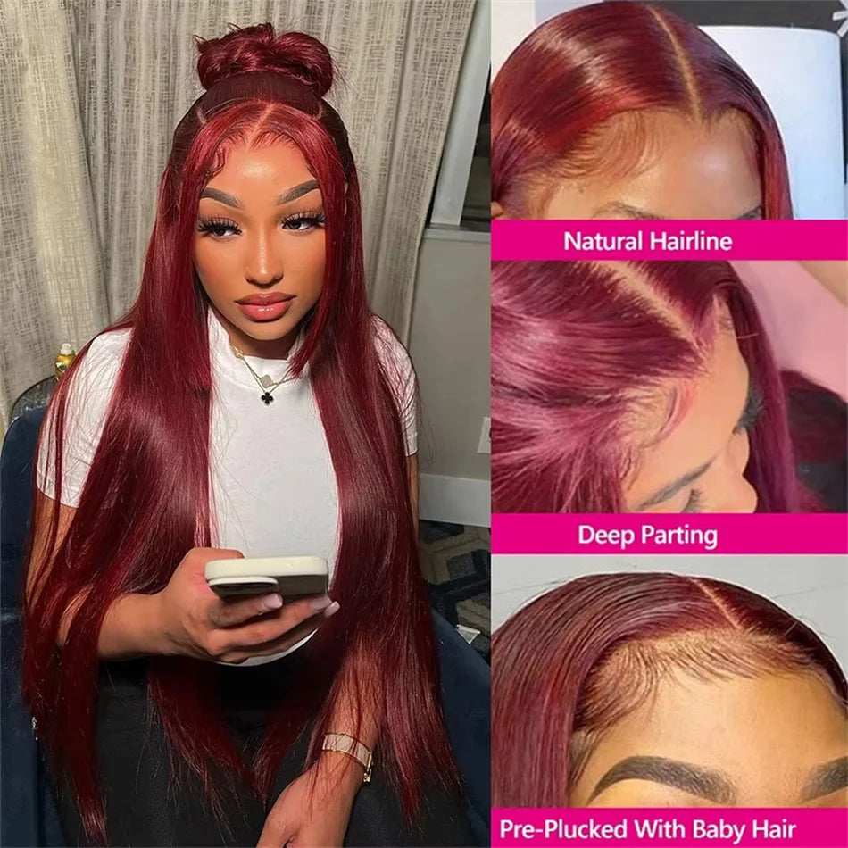 30 Inch Burgundy Bone Straight 13x4 Lace Front Wig | 13x6 HD Lace Frontal Human Hair Wig for Women (Colored) Luxegan