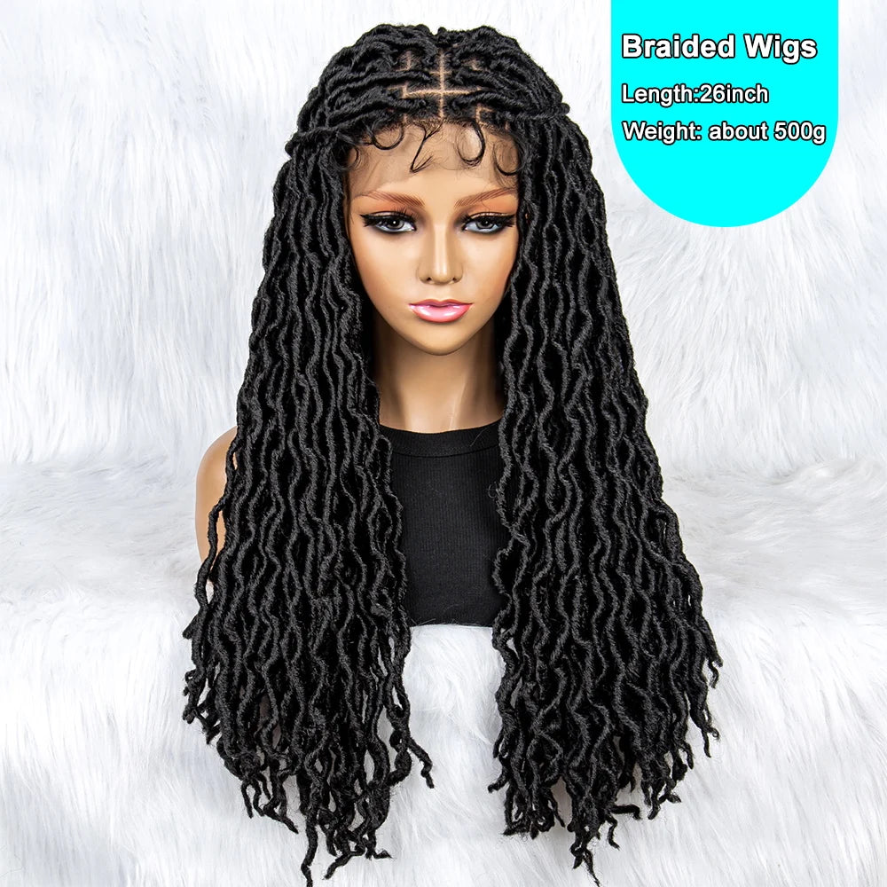 26" Goddess Locs Braided Wig | Lace Front Faux Locs Wig with Baby Hair | Synthetic Dreadlock Braids Wig for Women | Transparent Lace
