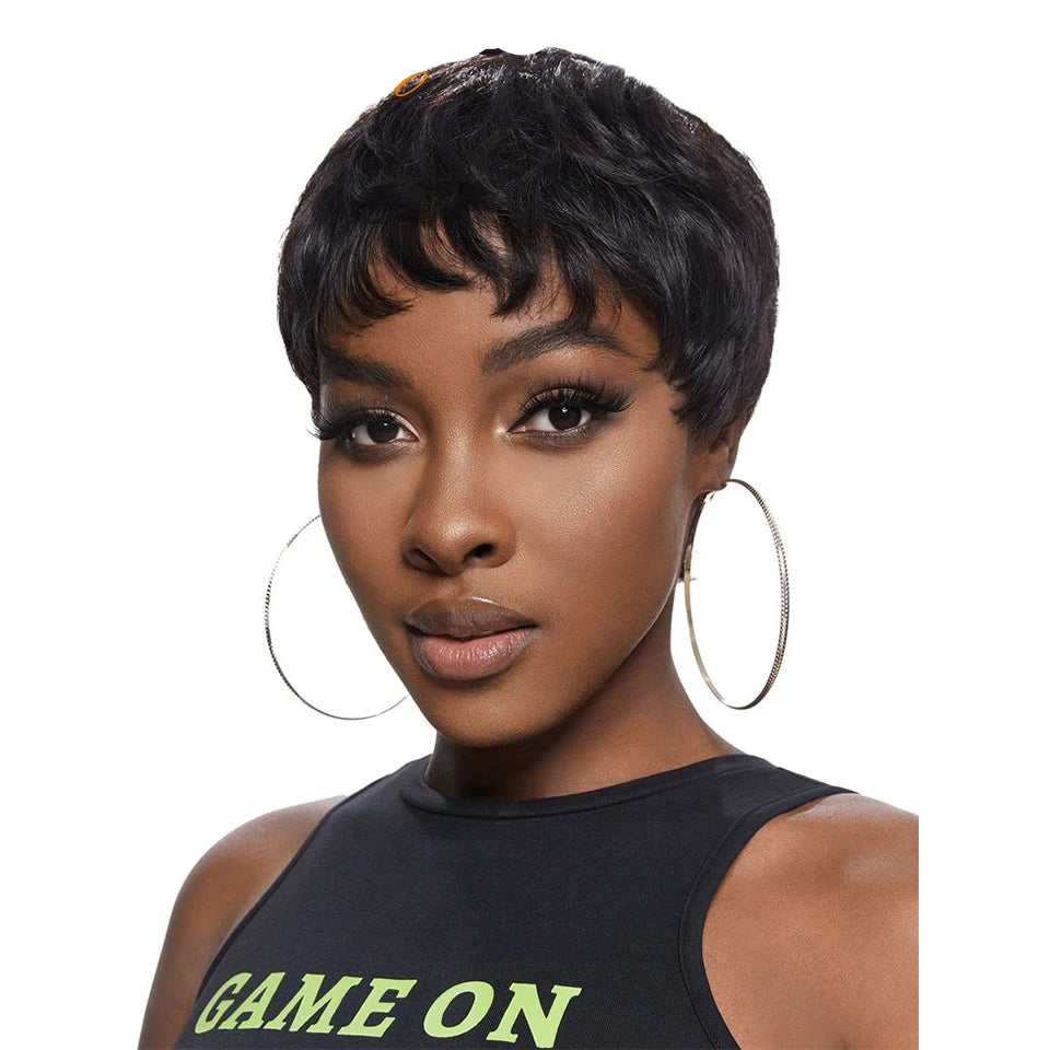 180% Density Natural Black Pixie Bob Wig with Bangs | Short Straight Human Hair (with optional Wine Blonde 99J) Luxegan