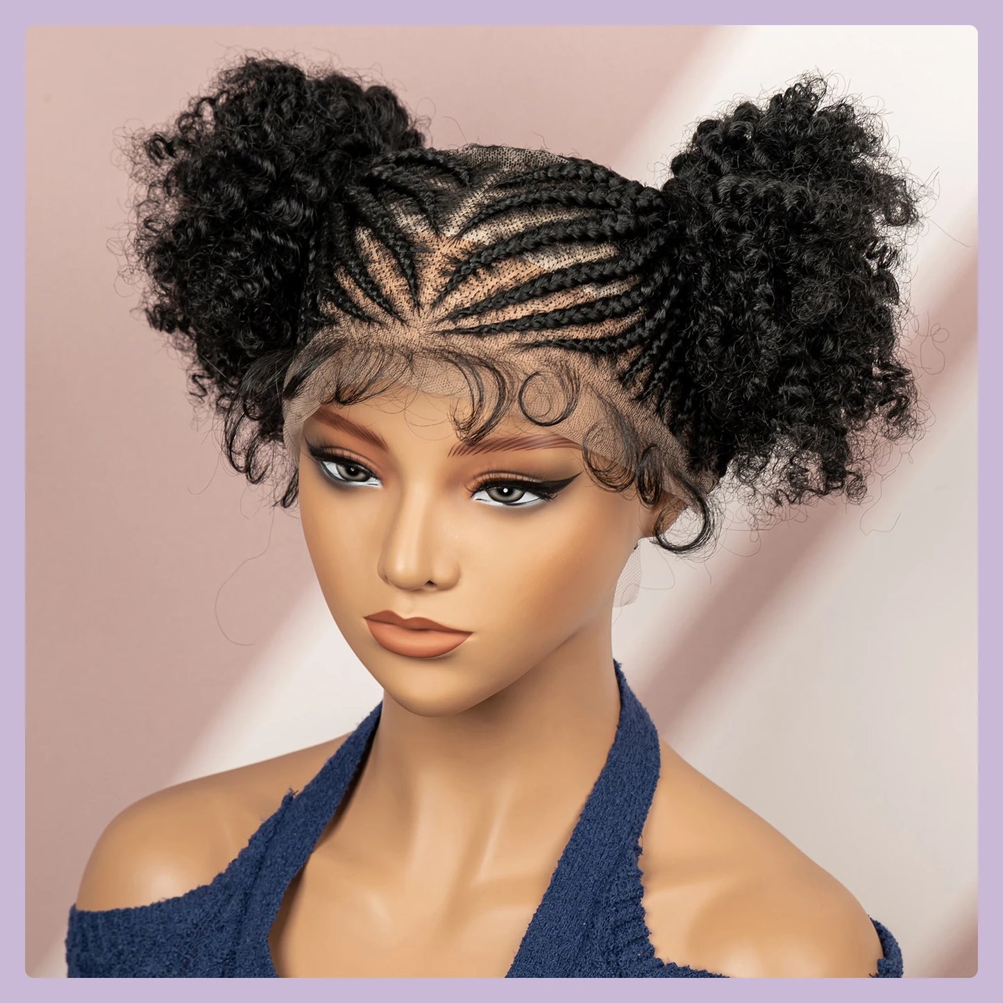 6" Short Afro Curly Wig | Twin Buns | 360 Lace | Cornrows | For Black Women