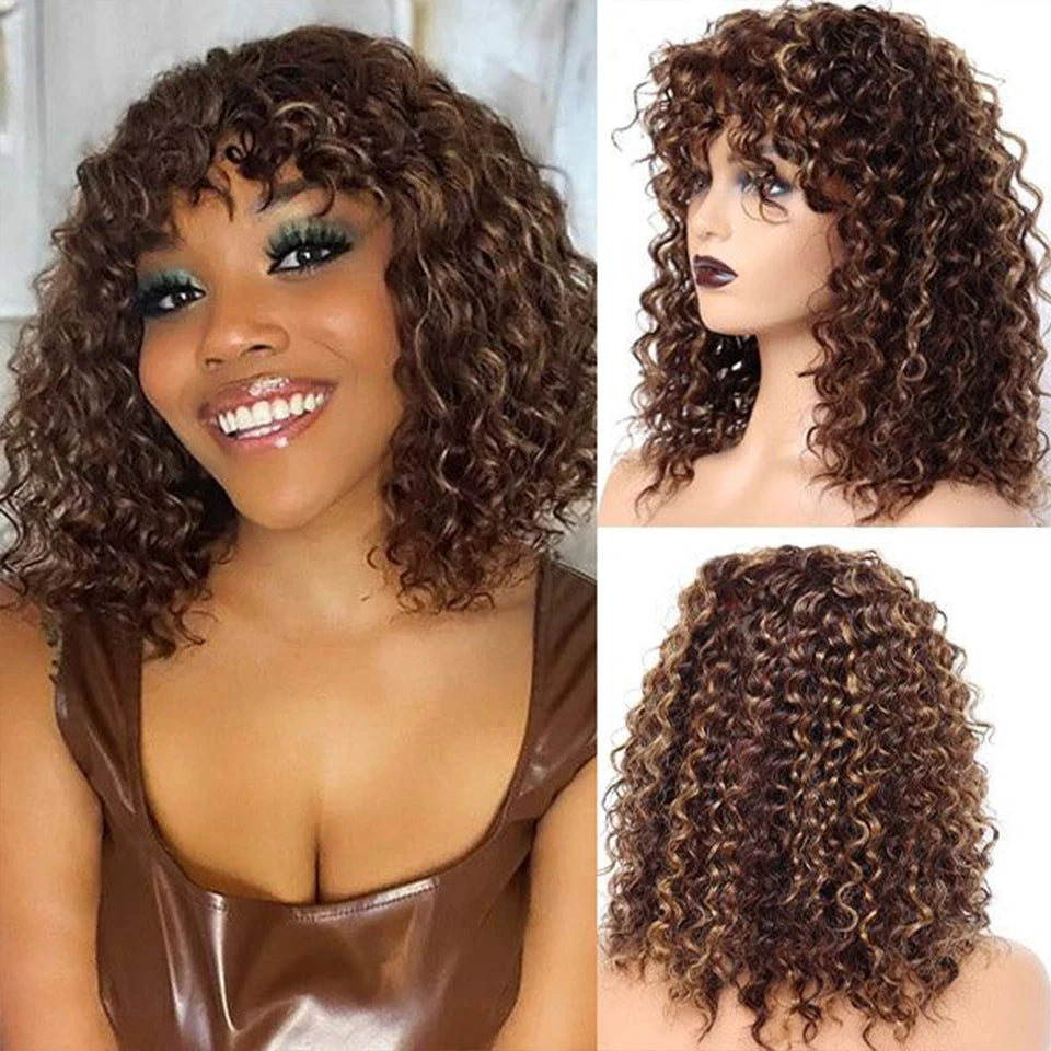 Jerry Curly Short Pixie Bob Wig with Bangs | Full Machine Made Remy Human Hair for Black Women Luxegan