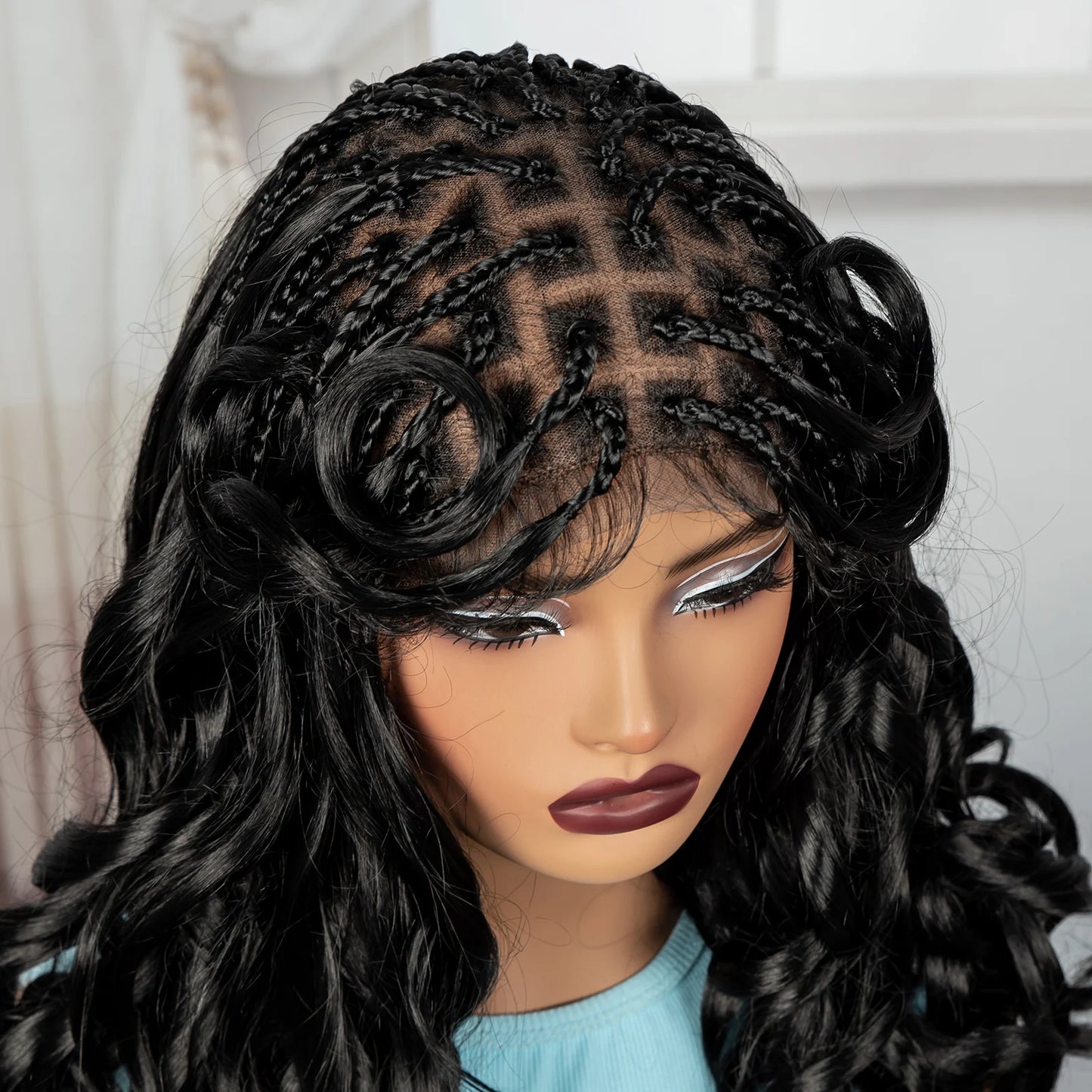 18" Bouncy Wavy Knotless Braids Wig | Full Lace | Bangs | Baby Hair Luxegan