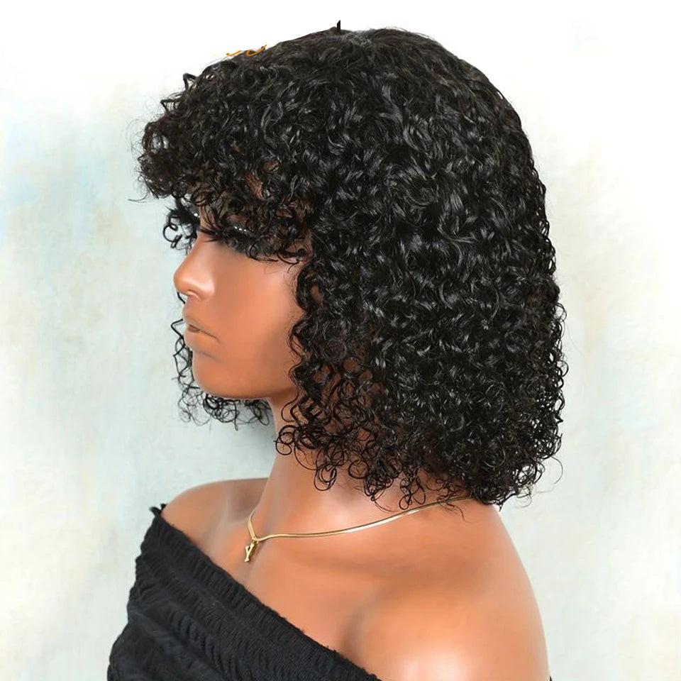 Brazilian Jerry Curly Human Hair Bob Wig with Bangs | Natural Highlight Honey Water Wave Kinky Curly Wigs for Women Luxegan