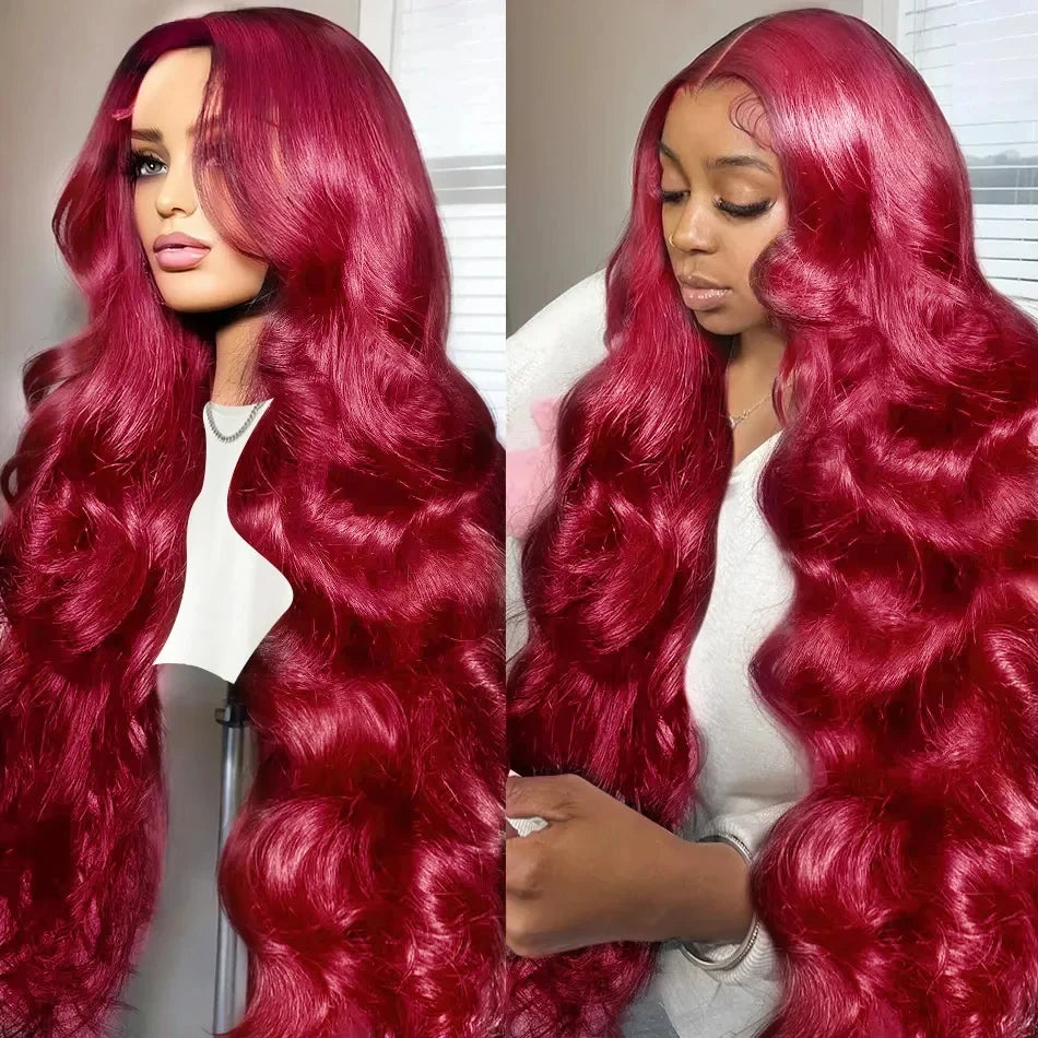 Burgundy 99J Red Body Wave Lace Front Wig | 30 Inch 200% Density Brazilian Remy HD Transparent Lace Frontal for Women Luxegan