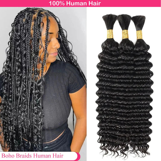 Deep Wave Human Hair Bulk | Boho Braids & Extensions | 100% Brazilian Remy | Natural Black Luxegan
