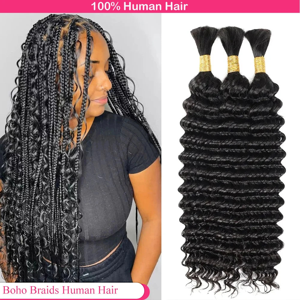 Deep Wave Human Hair Bulk | Boho Braids & Extensions | 100% Brazilian Remy | Natural Black Luxegan