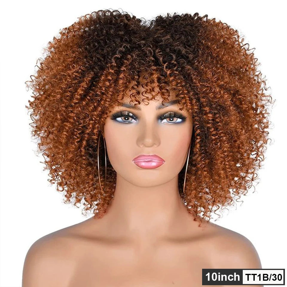 200% Density Short Afro Kinky Curly Human Hair Wig with Bangs | Sassy Fluffy Natural Growth Full Machine Made Wigs Luxegan