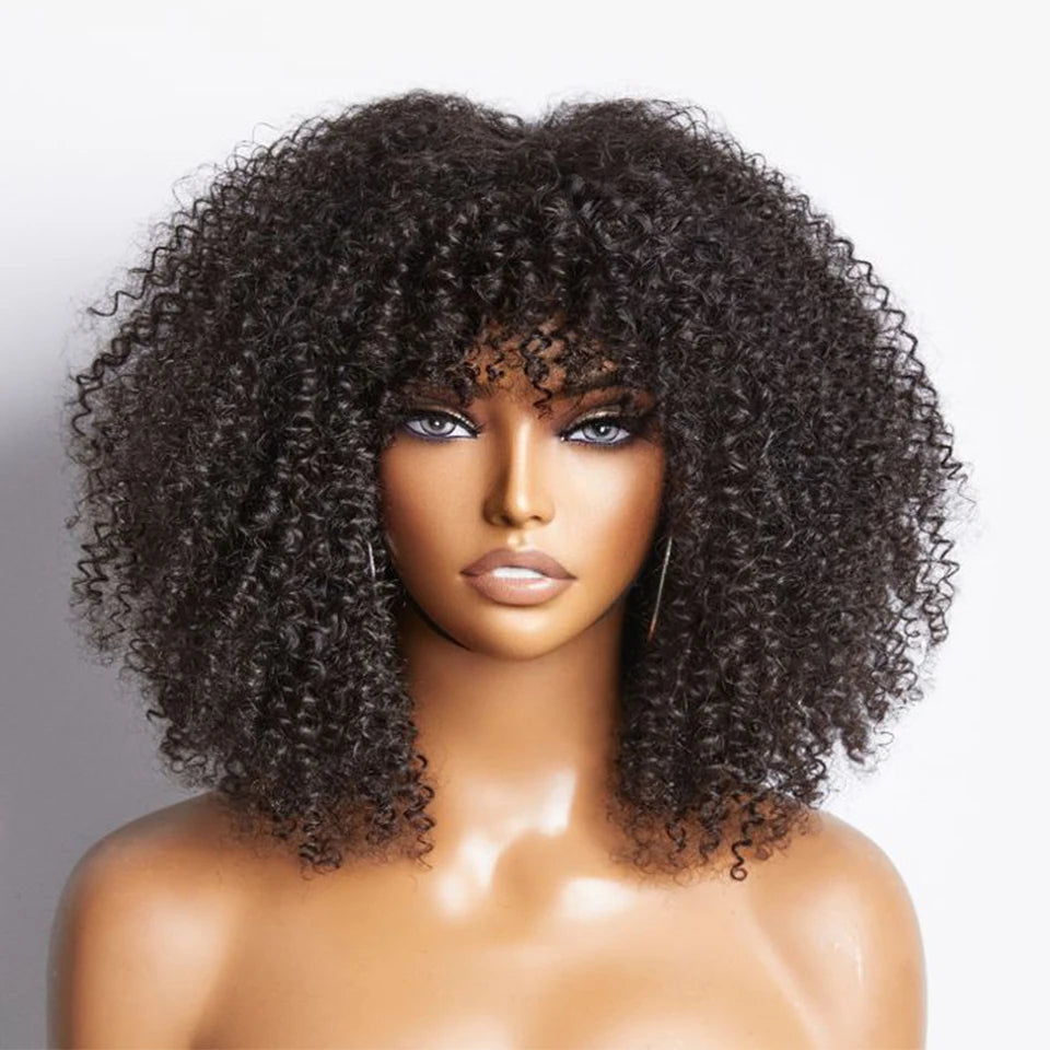 200% Density Short Afro Kinky Curly Human Hair Wig with Bangs | Sassy Fluffy Natural Growth Full Machine Made Wigs Luxegan