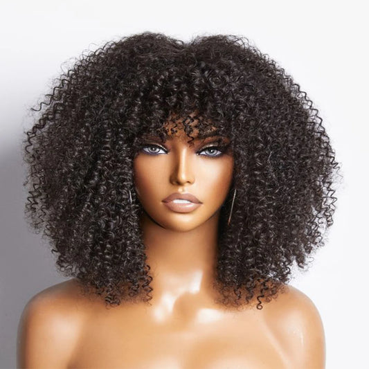 200% Density Short Afro Kinky Curly Human Hair Wig with Bangs | Sassy Fluffy Natural Growth Full Machine Made Wigs Luxegan