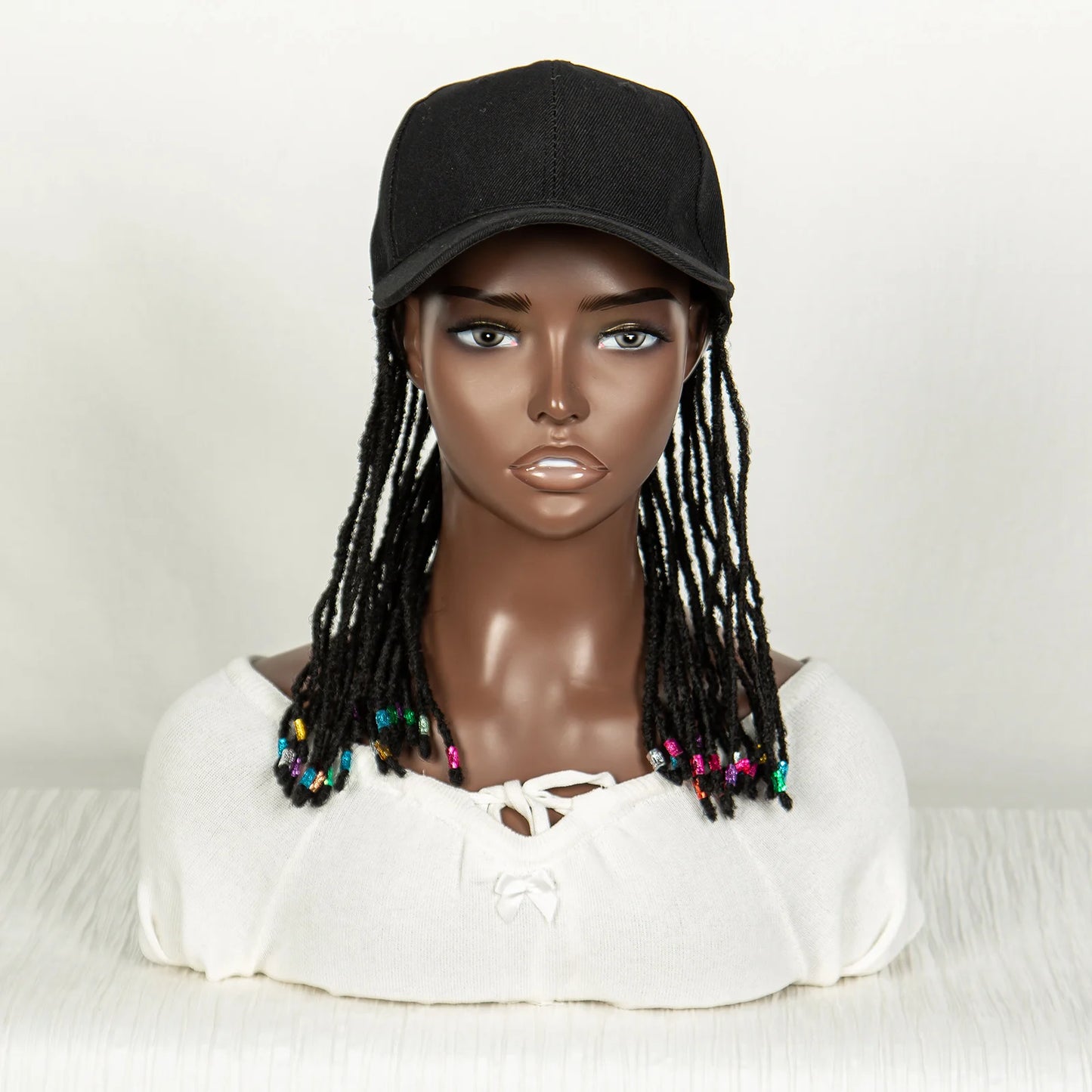 Short Knotless Box Braids Hat Wig with Colored Beads | Adjustable Cap Luxegan