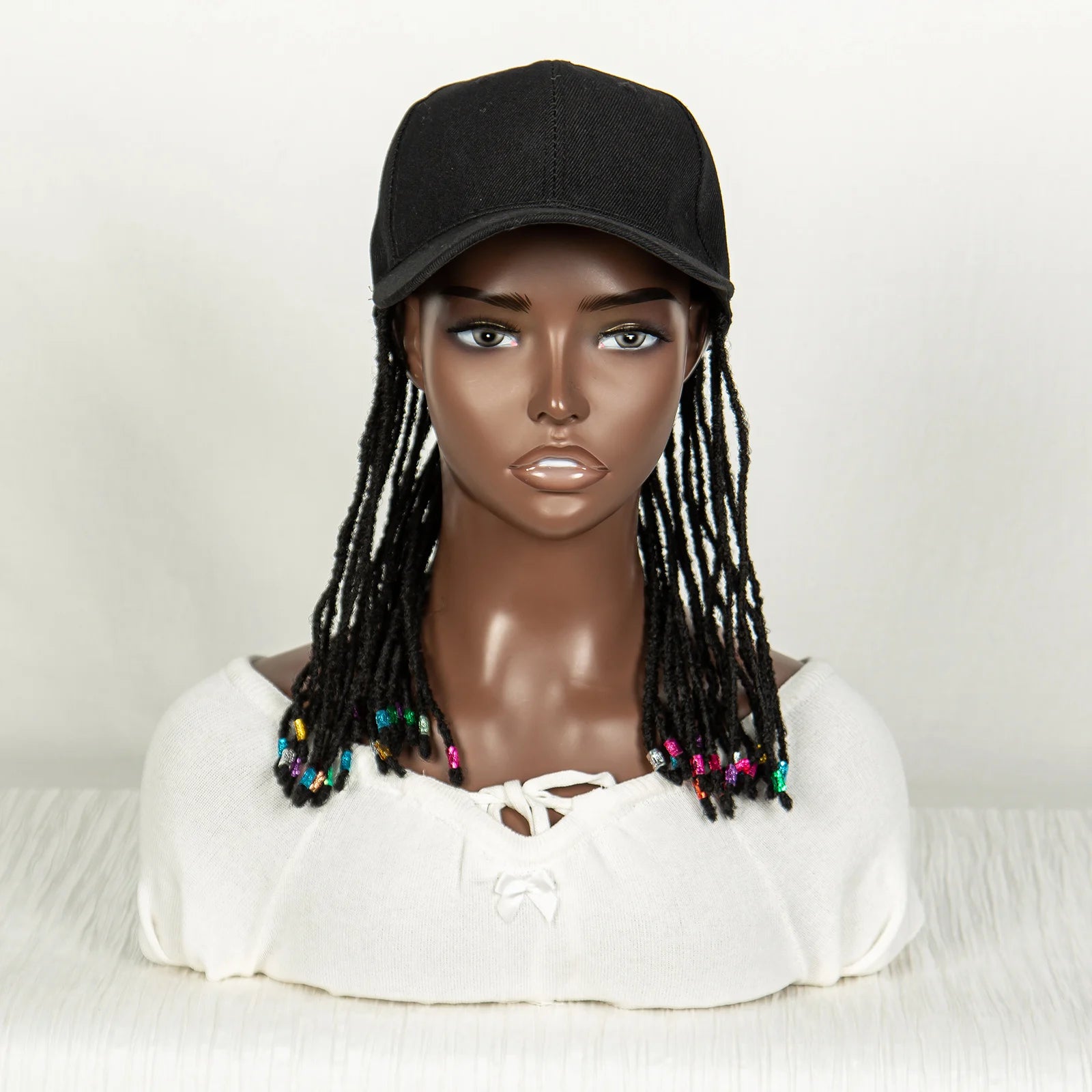 Short Knotless Box Braids Hat Wig with Colored Beads | Adjustable Cap Luxegan