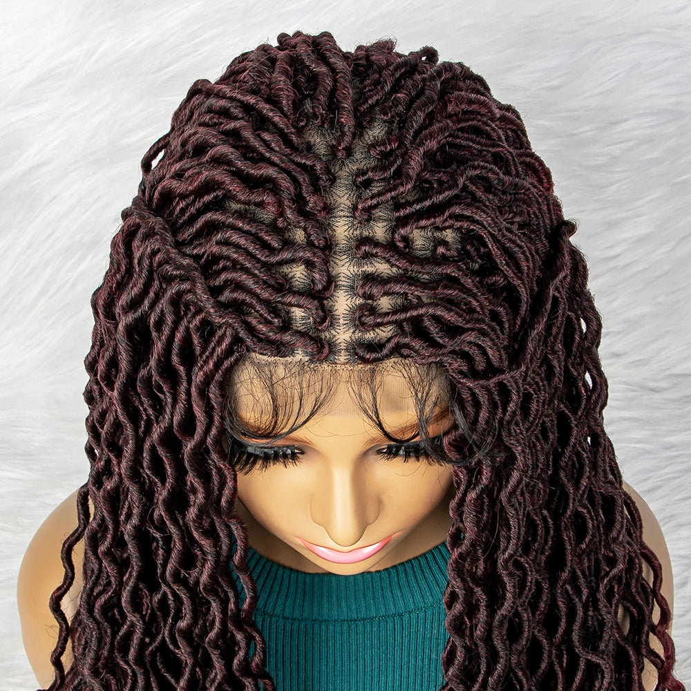 32" Burgundy Curly Dreadlocks Braided Wig | Lace Front with Baby Hair Luxegan