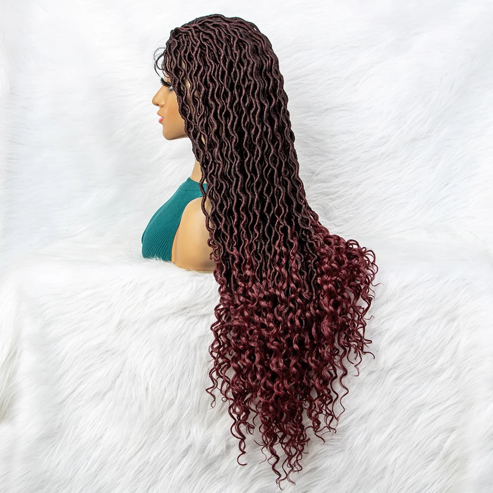 32" Burgundy Curly Dreadlocks Braided Wig | Lace Front with Baby Hair Luxegan