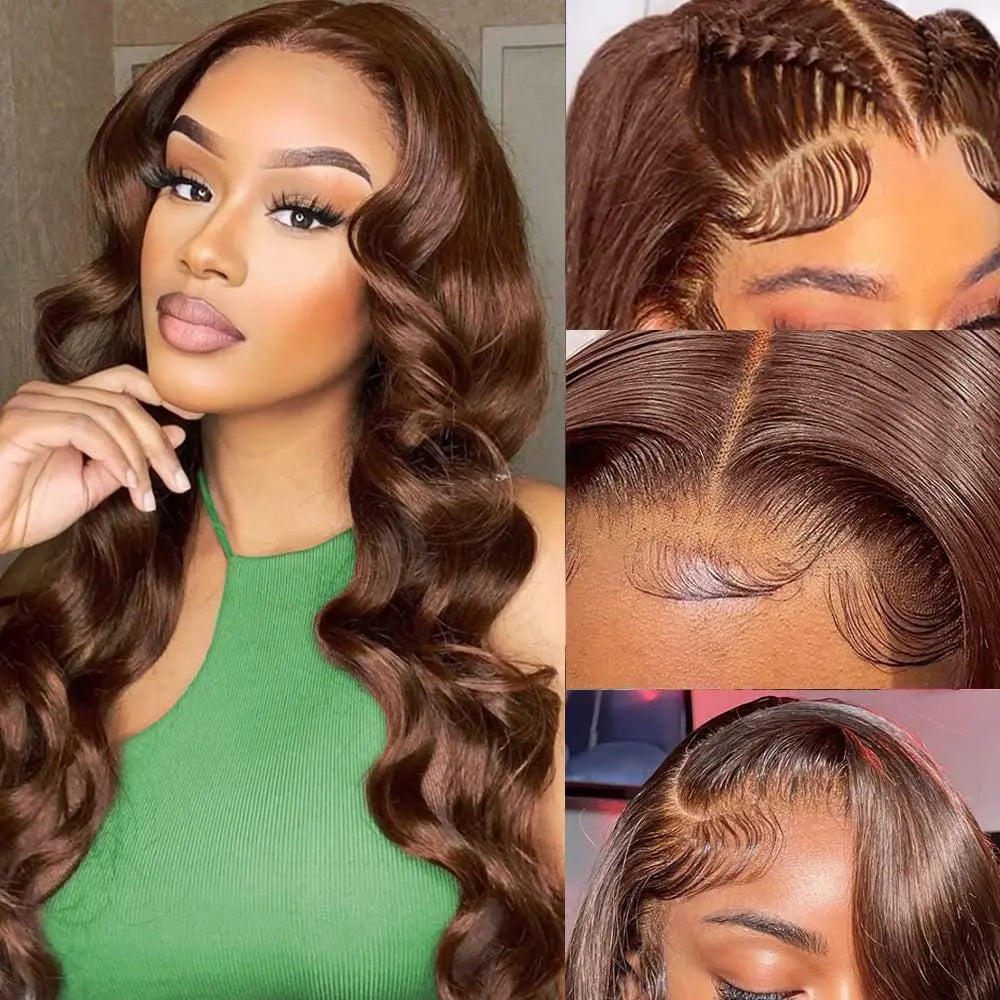 Chocolate Brown Body Wave Lace Front Wig Human Hair Pre-Plucked Brazilian Virgin Hair Bleached Knots HD Lace Frontal Wig