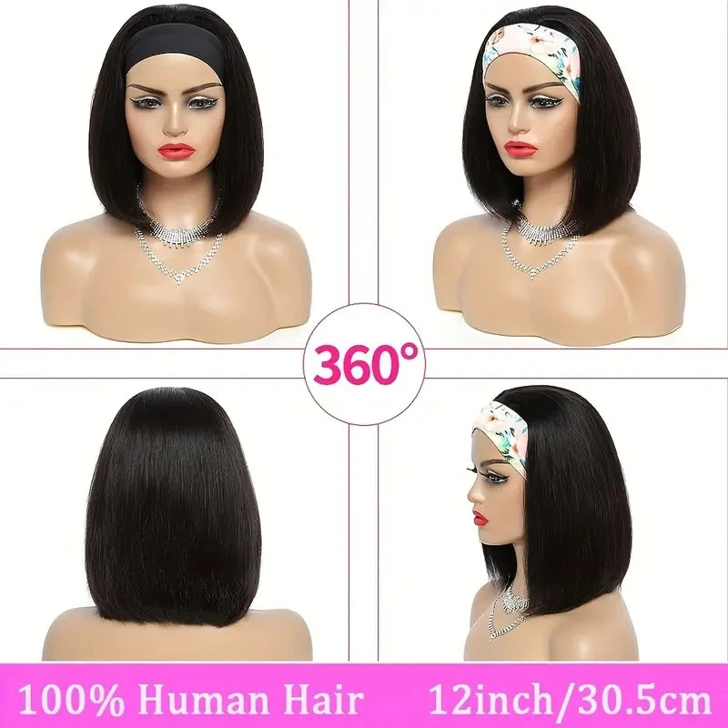 Straight Bob Headband Wig | 100% Brazilian Remy Human Hair Short Machine Made Bob Wigs for Women (All Colors) Luxegan