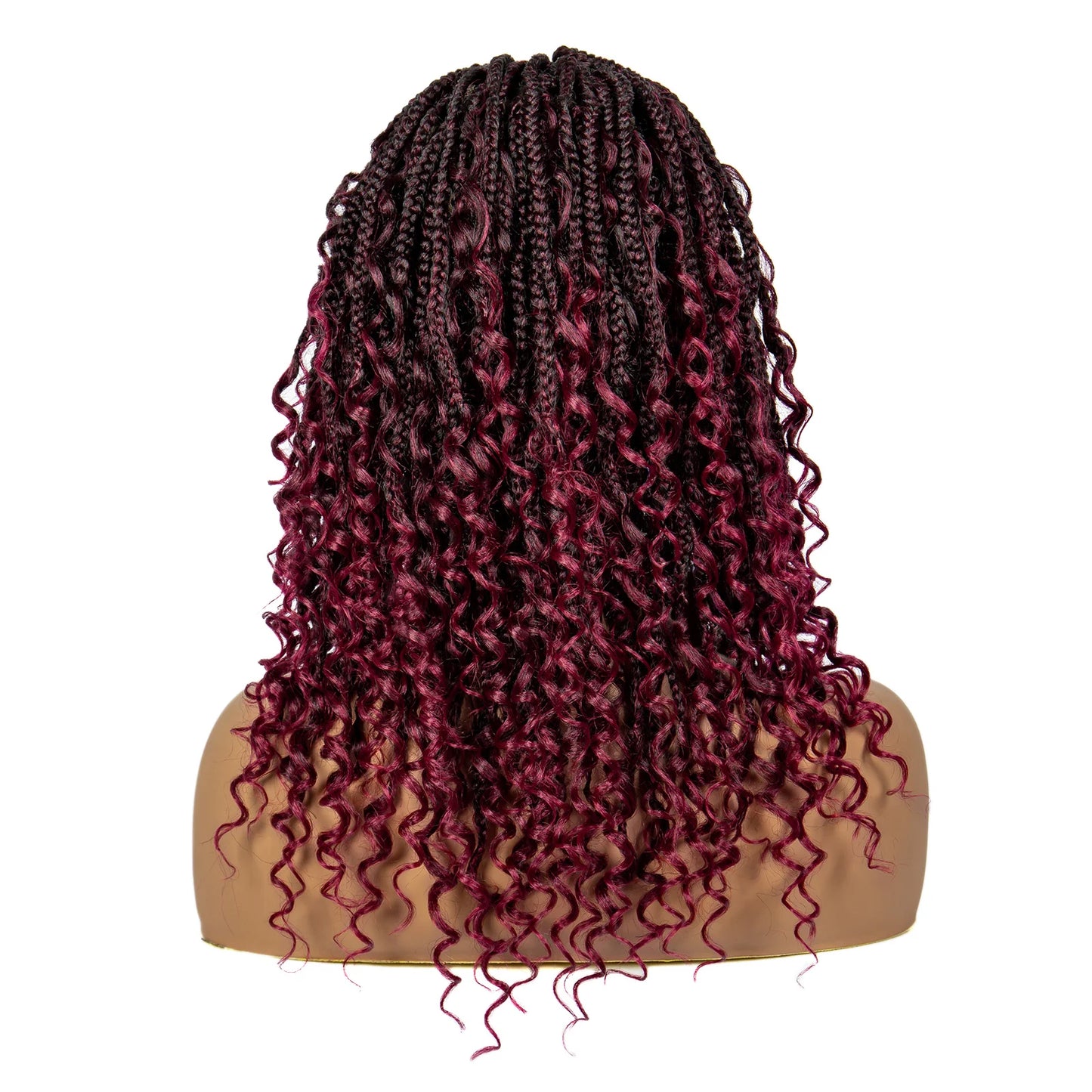 Burgundy Curly Ends Knotless Braids Bob Wig | 99J | Full Lace | Boho Style Luxegan