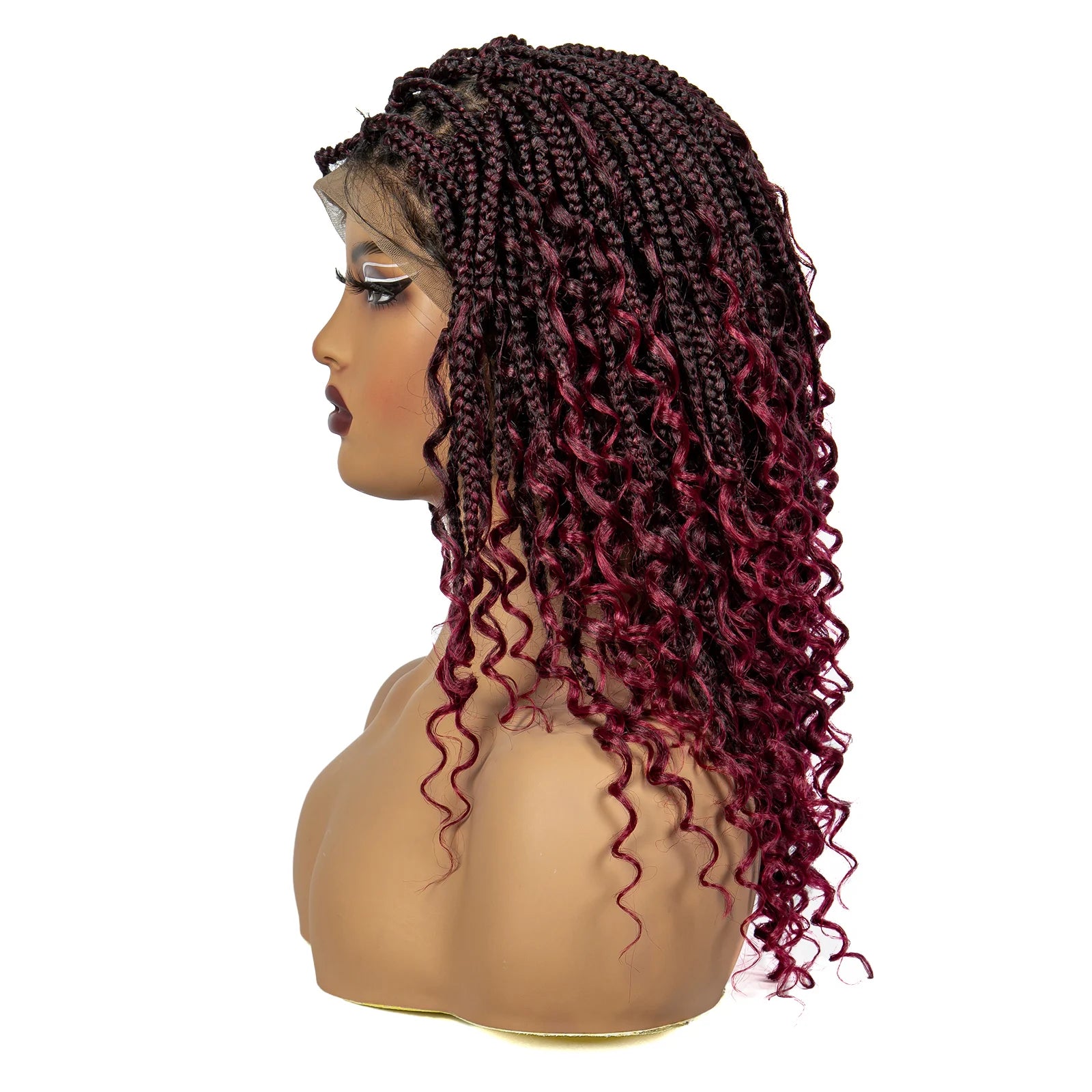 Burgundy Curly Ends Knotless Braids Bob Wig | 99J | Full Lace | Boho Style Luxegan