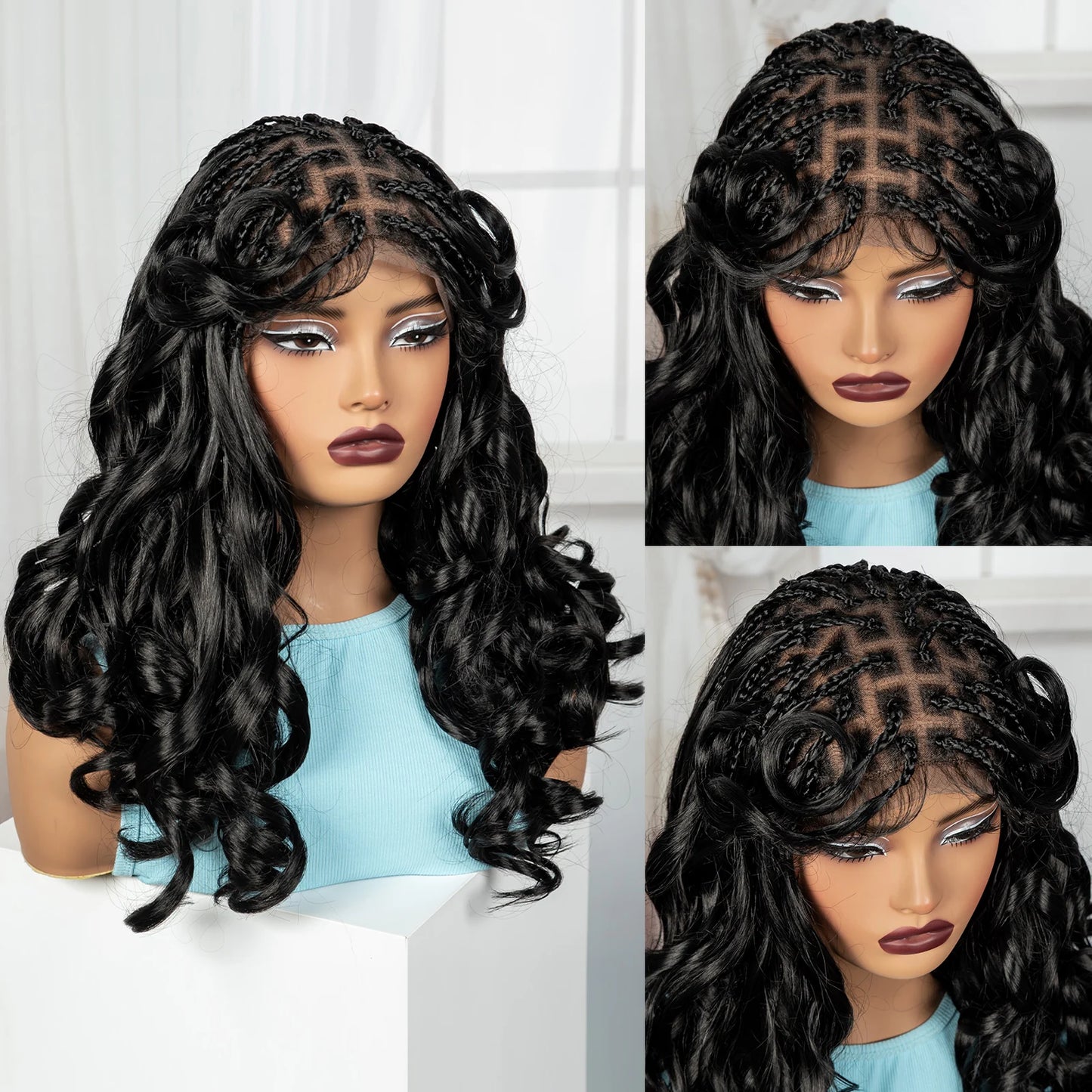 18" Bouncy Wavy Knotless Braids Wig | Full Lace | Bangs | Baby Hair Luxegan