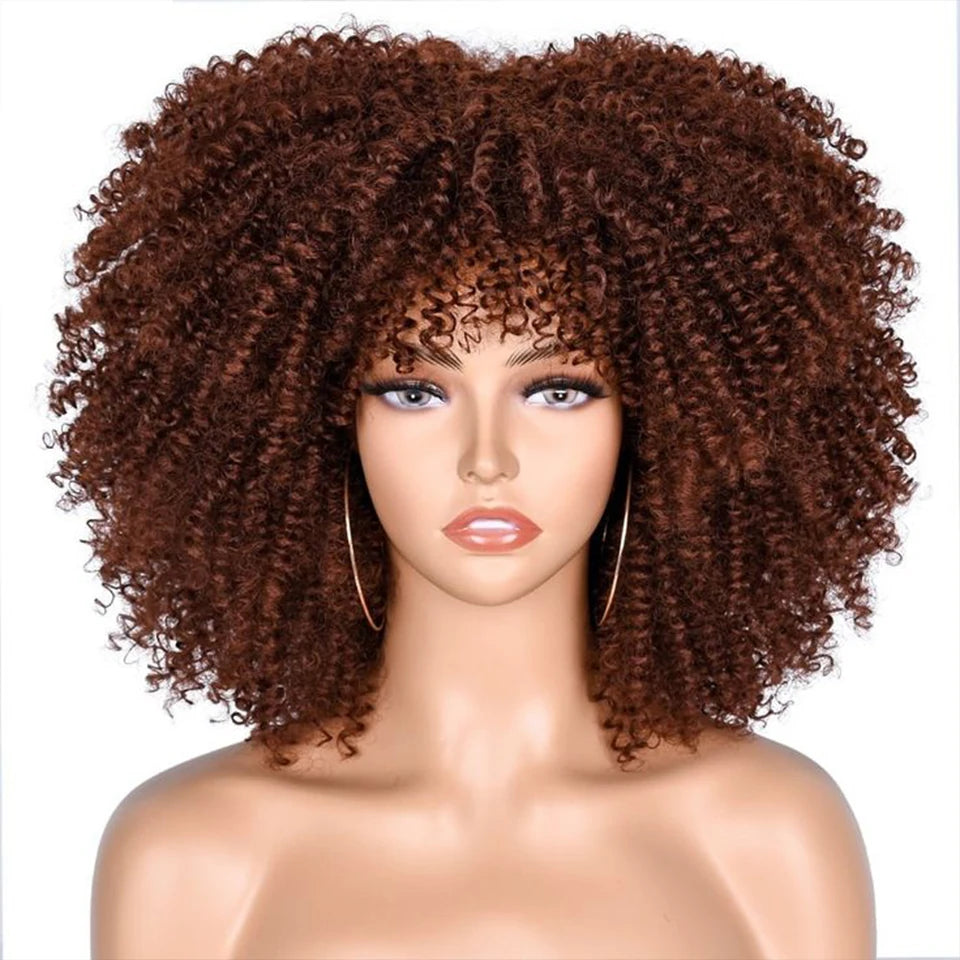250% Density Afro Kinky Curly Wig with Bangs | Brown Glueless Human Hair Luxegan