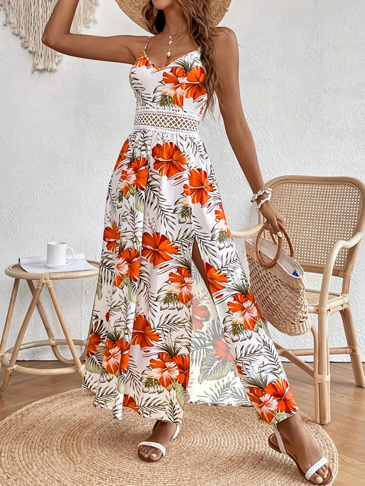 Women's Lace Patchwork Tropical Print Long Cami Dress | Elegant Slim-Fit Beach Vacation Gown | Sexy V-Neck Sleeveless Summer Sundress | Premium Tatting Non-Stretch A-Line Vestido Model DM2311 Luxegan