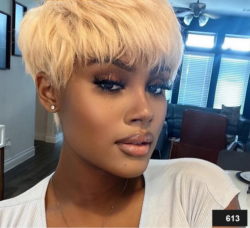 Burgundy Red & Brown Pixie Short Cut Bob Wig with Bangs | Straight Human Hair Machine Made Luxegan