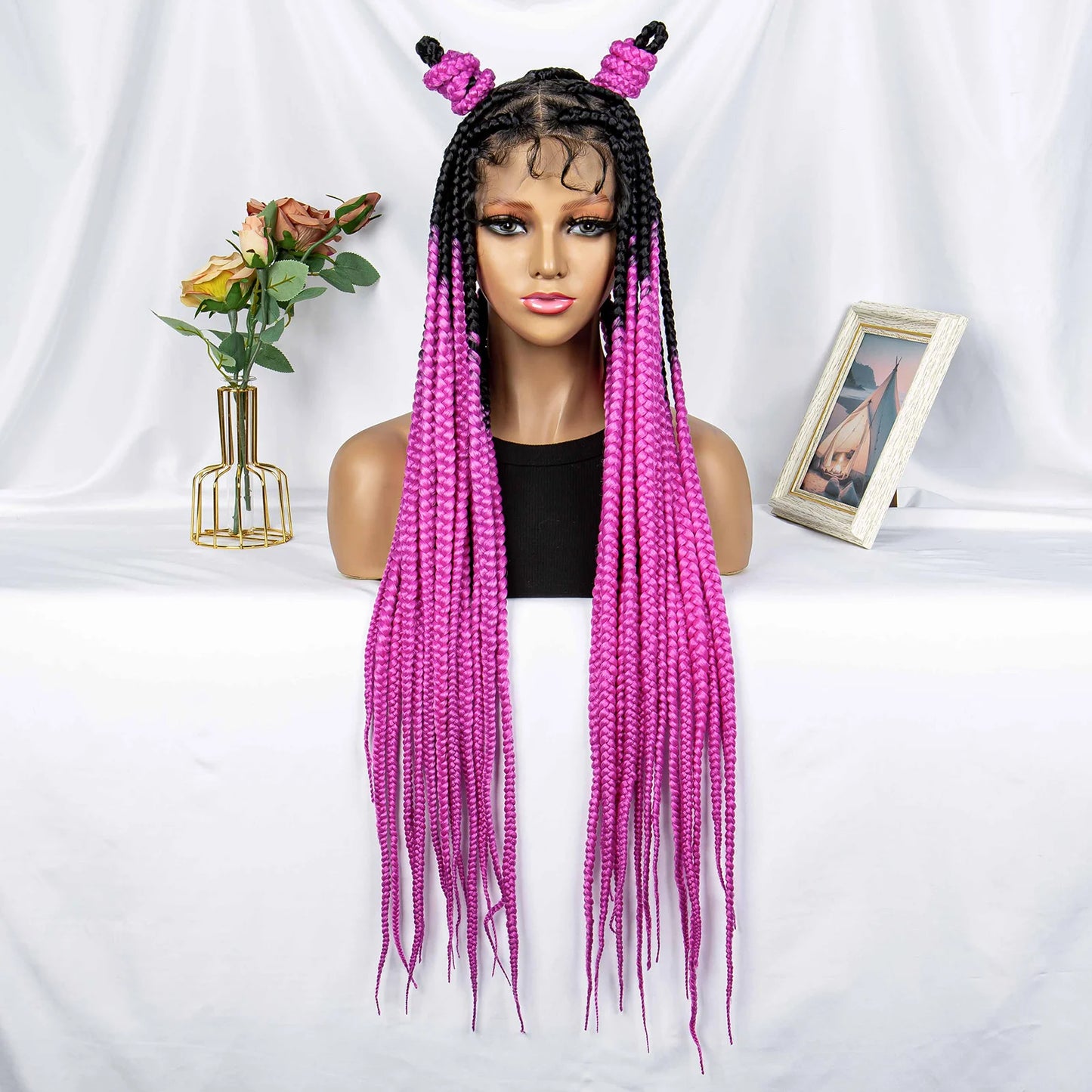 32" Triangle Knotless Box Braids Wig | KIMA Full Lace Front Braided Wig | Transparent Lace | Synthetic Braids