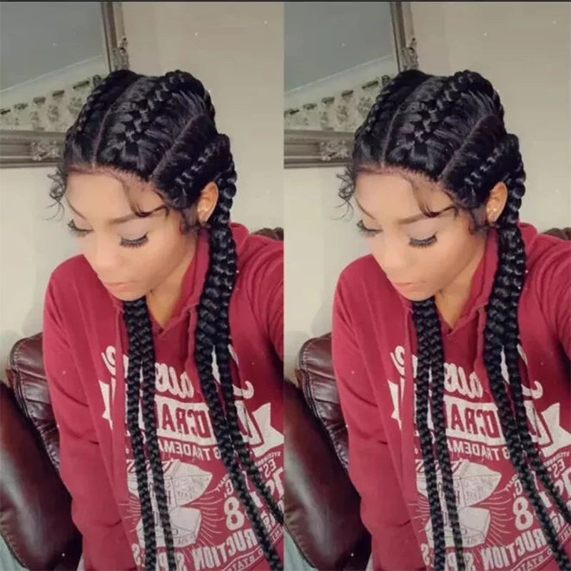 Long Black Dutch Braids Wig | Lace Front | Human Hair Blend | Cornrow Accents | Daily Wig Luxegan