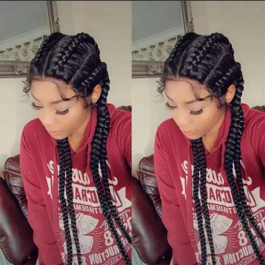 Long Black Dutch Braids Wig | Lace Front | Human Hair Blend | Cornrow Accents | Daily Wig Luxegan