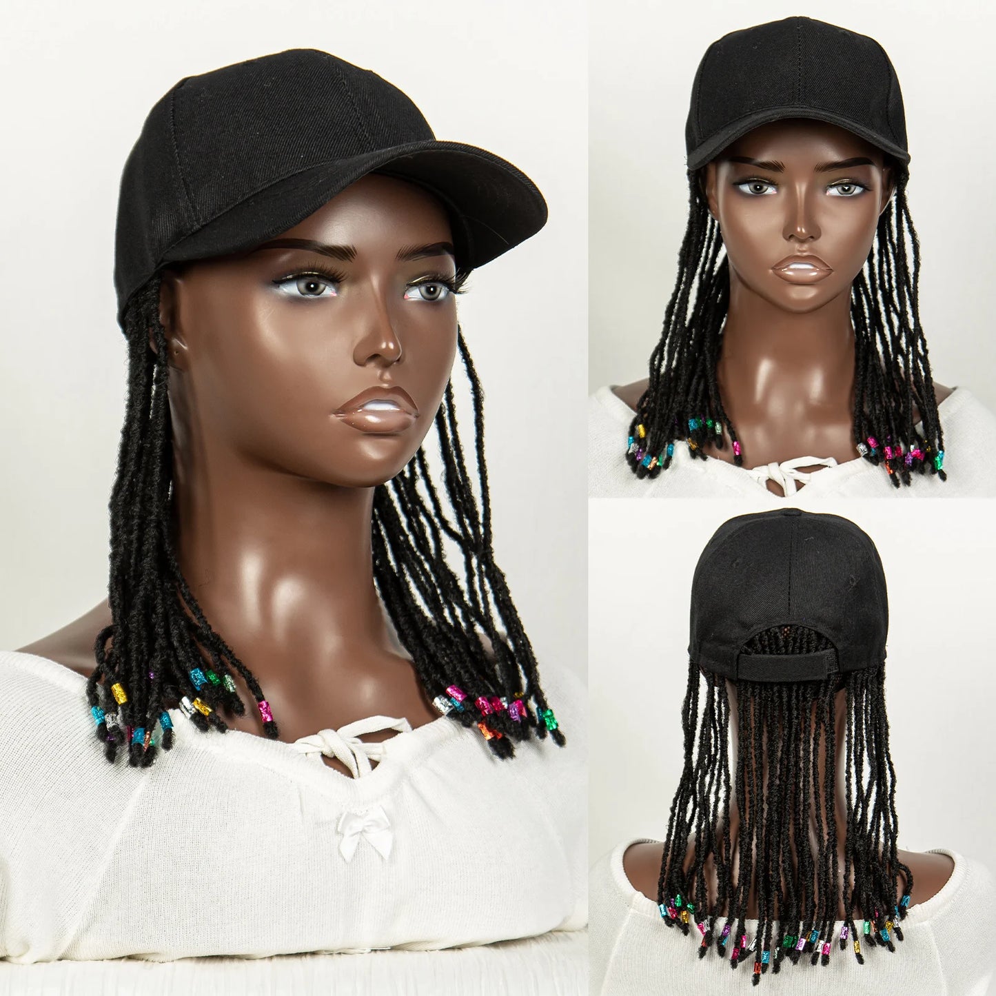 Short Knotless Box Braids Hat Wig with Colored Beads | Adjustable Cap Luxegan